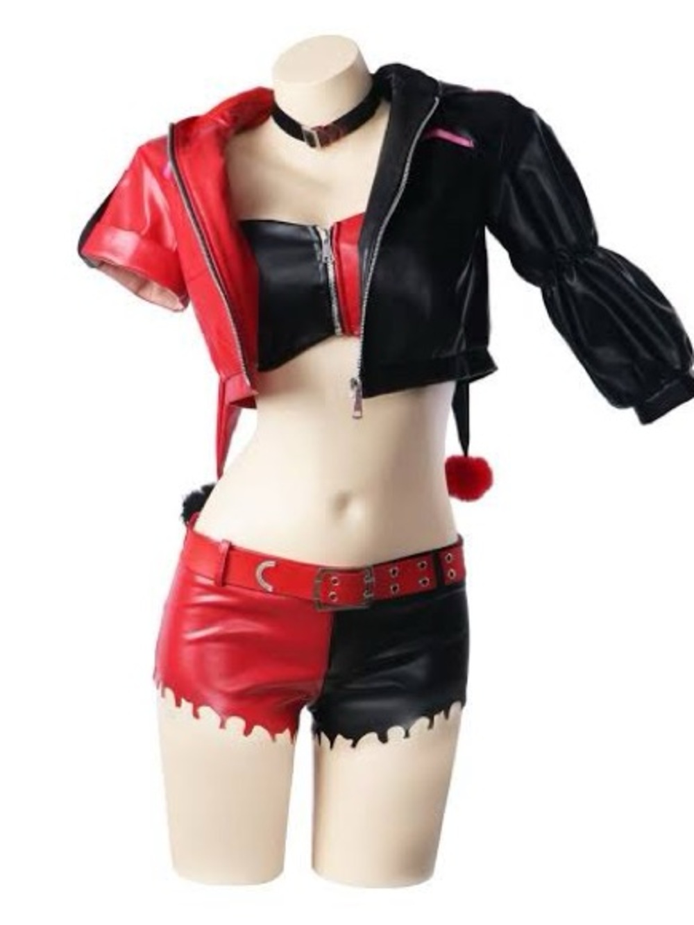 Crop Hooded Jacket and Shorts Set - Red & Black